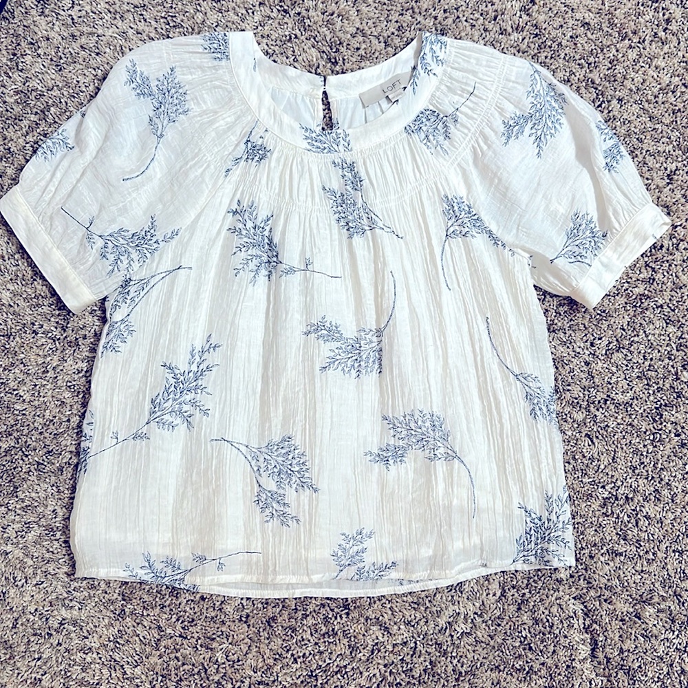LOFT White and Blue Floral Blouse